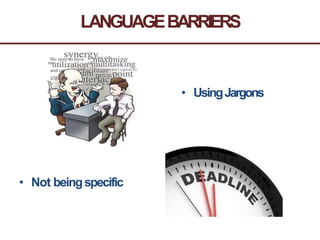 LANGUAGEBARRIERS
• UsingJargons
• Not beingspecific
 