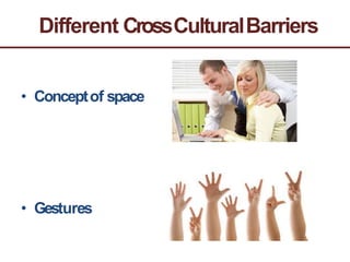 Different CrossCulturalBarriers
• Conceptof space
• Gestures
 