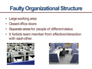FaultyOrganizational Structure
• Largeworking area
• Closedoffice doors
• Separate areas for people of differentstatus
• It forbids team member from effectiveinteraction
with eachother.
 
