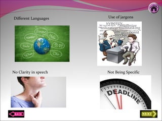Different Languages Use of jargons
No Clarity in speech Not Being Specific
 