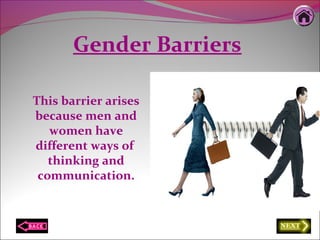 Gender Barriers
This barrier arises
because men and
women have
different ways of
thinking and
communication.
 