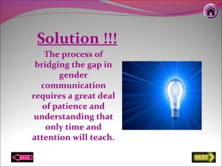 Solution !!!
The process of
bridging the gap in
gender
communication
requires a great deal
of patience and
understanding that
only time and
attention will teach.
 