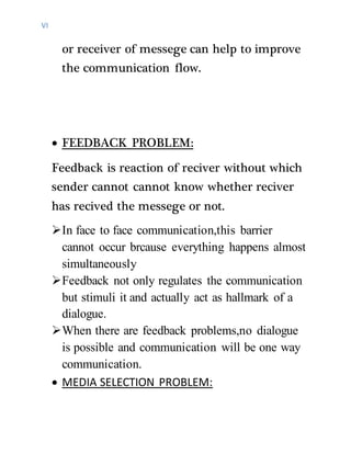 VI
or receiver of messege can help to improve
the communication flow.
 FEEDBACK PROBLEM:
Feedback is reaction of reciver without which
sender cannot cannot know whether reciver
has recived the messege or not.
In face to face communication,this barrier
cannot occur brcause everything happens almost
simultaneously
Feedback not only regulates the communication
but stimuli it and actually act as hallmark of a
dialogue.
When there are feedback problems,no dialogue
is possible and communication will be one way
communication.
 MEDIA SELECTION PROBLEM:
 