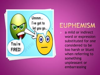  a mild or indirect
word or expression
substituted for one
considered to be
too harsh or blunt
when referring to
something
unpleasant or
embarrassing.
 