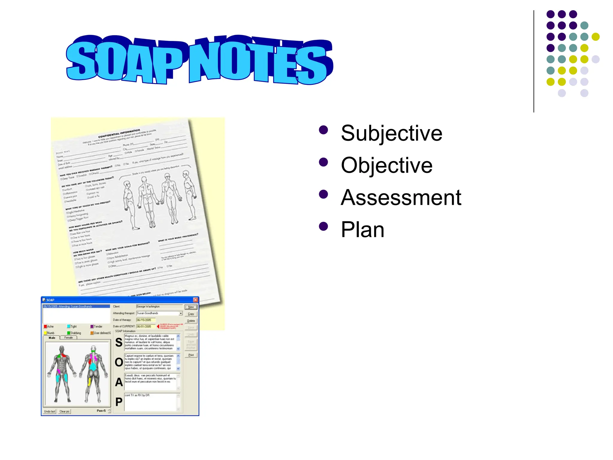  Subjective
 Objective
 Assessment
 Plan
 
