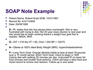 SOAP Note Example
 Patient Name: Robert Kryle DOB: 12/31/1961
 Record No. K-6112r809
 Date: 09/09/1999

S—Pt. states that she has always been overweight. She is very
frustrated with trying to diet. Her 20 year class reunion is next year and
she would like to begin working toward a weight loss goal that is
realistic. NKDA, NKA.

O—WT = 210 lbs HT = 60, Chol = 255 BP = 120/75

A—Obese at 183% Ideal Body Weight (IBW), hypercholesterolemia

P—Long Term Goal: Change lifestyle habits to lose at least 70 pounds
over a 12 month period. Short Term Goal: Client to begin a 1500
Calorie diet with walking 20 minutes per day. Instructed Pt on lower fat
food choices and smaller food portions. Client will keep a daily food and
mood record to review next session. Follow-up in one week.
 