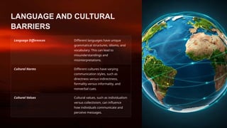 LANGUAGE AND CULTURAL
BARRIERS
Language Differences Different languages have unique
grammatical structures, idioms, and
vocabulary. This can lead to
misunderstandings and
misinterpretations.
Cultural Norms Different cultures have varying
communication styles, such as
directness versus indirectness,
formality versus informality, and
nonverbal cues.
Cultural Values Cultural values, such as individualism
versus collectivism, can influence
how individuals communicate and
perceive messages.
 