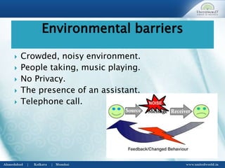  Crowded, noisy environment.
 People taking, music playing.
 No Privacy.
 The presence of an assistant.
 Telephone call.
Environmental barriers
 