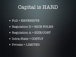 Hope: Crowdfunding
    • 2012 federal JOBS Act
    • $1 million limit
    • Minimal compliance
    • Lower upfront cost: $10-15k
 