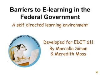 Barriers to E-learning in the Federal Government A self directed learning environment Developed for EDIT 611 By Marcella Simon& Meredith Moss 
