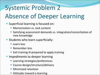 Systemic Problem 2 Absence of Deeper Learning Superficial learning is focused on: Memorization vs. task content Satisfying assessment demands vs. integration/reconciliation of new knowledge Students who learn superficially: Learn less Remember less Exit training ill-prepared to apply training Impediments to deeper learning Learning strategies/preferences Course design/structure/delivery Minimized retention Attitudes toward e-learning 