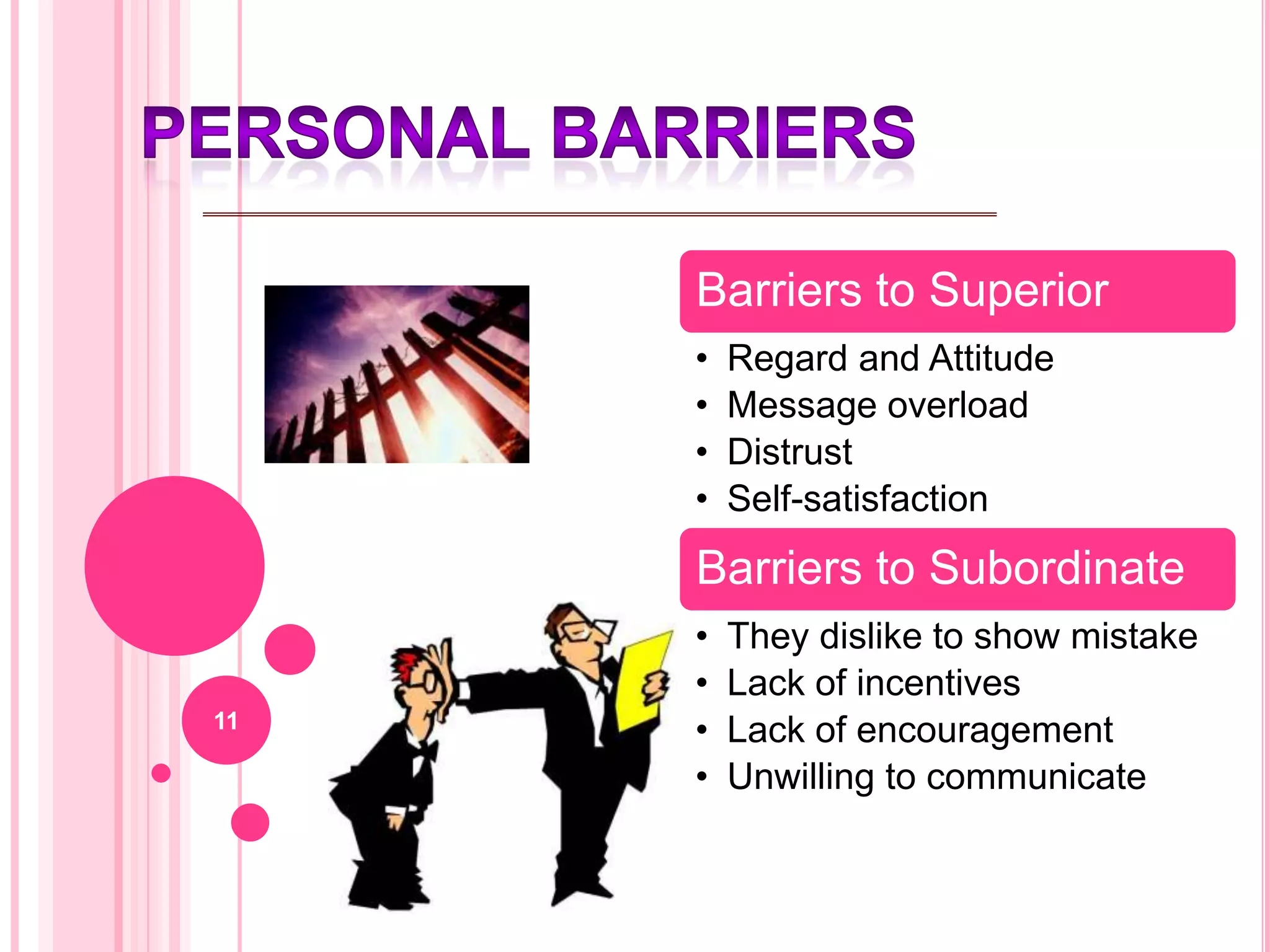 Barriers to Superior
     •   Regard and Attitude
     •   Message overload
     •   Distrust
     •   Self-satisfaction
     Barriers to Subordinate
     •   They dislike to show mistake
     •   Lack of incentives
11
     •   Lack of encouragement
     •   Unwilling to communicate
 
