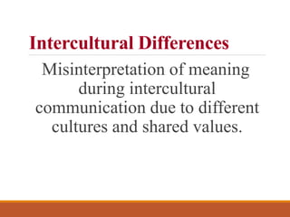 Intercultural Differences
Misinterpretation of meaning
during intercultural
communication due to different
cultures and shared values.
 