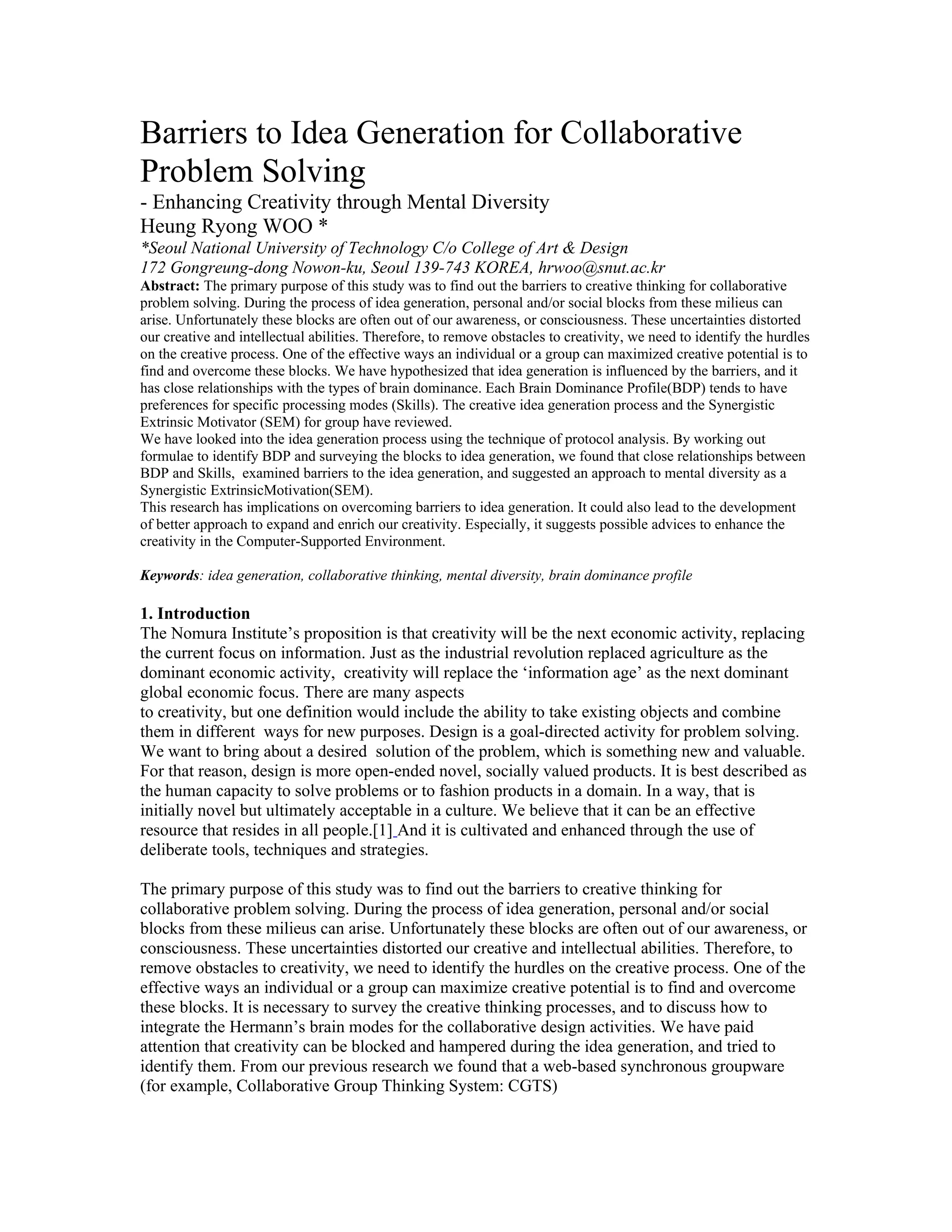 Barriers to idea generation for collaborative problem solving | PDF