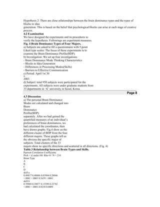 Hypothesis 2: There are close relationships between the brain dominance types and the types of
blocks to idea
generation. This is based on the belief that psychological blocks can arise at each stage of creative
process.
4.2 Examination
We have designed the experiments and its procedures to
verify the hypothesis. Followings are experiment measures.
Fig. 4 Brain Dominance Types of Four Majors.
a) Subjects are asked to fill a questionnaire with 5 point
Likert type scales: The focus of these experiments is to
examine the Brain Dominance Profile(BDP).
b) Investigation: We set up four investigations:
- Brain Dominance Mode Thinking Characteristics
- Blocks to Idea Generation
- Differences in Processing Modes(Skills)
- Barriers to Effective Communication
c) Period: April 1st 30
th

2003.
d) Subject: total 950 subjects were participated for the
experiments. All subjects were under graduate students from
33 departments in ‘A’ university in Seoul, Korea.

Page 8
4.3 Discussion
a) The personal Brain Dominance
Modes are calculated and changed into
Brain
Dominance
Profile(BDP)
separately. After we had gained the
quantified measures of an individual’s
preferences of brain dominances, we
had calculated the coordinates, then
have drawn graphs. Fig.4 show us the
different cluster of BDP from the four
different majors. These graphs tell us
the obvious the specific major of
subjects. Total clusters of the 33
majors show no specific directions and scattered in all directions. (Fig. 4)
Table.3 Relationship between Brain Types and Skills.
Pearson Correlation Coefficients
Prob > |r| under H0: Rho=0 / N = 210
Brian Type
A
B
C
D
skill a
0.49817 0.40886 0.03984 0.28046
<.0001 <.0001 0.5659 <.0001
skill b
0.39969 0.39877 0.15599 0.22702
<.0001 <.0001 0.0238 0.0009

 