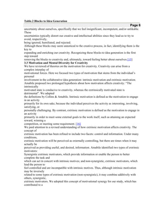 Table.2 Blocks to Idea Generation

Page 6
uncertainty about ourselves, specifically that we feel insignificant, incompetent, and/or unlikable.
These
uncertainties typically distort our creative and intellectual abilities since they lead us to try to
avoid, respectively,
being ignored, humiliated, and rejected.
Although these blocks may seem unnoticed to the creative process, in fact, identifying them is the
key to
expanding and enriching our creativity. Recognizing these blocks to idea generation is the first
step toward
removing the blocks to creativity and, ultimately, toward feeling better about ourselves.[15]
3.3 Motivation and Mental Diversity for Creativity
We have reviewed of theories on the motivation for creativity. Creativity can arise from a
complex interplay of
motivational forces. Here we focused two types of motivation that stems from the individual’s
personal
involvement in the collaborative idea generation: intrinsic motivation and extrinsic motivation.
Amabile proposed two prolonged hypothesis about how motivation affects creativity: “The
intrinsically
motivated state is conducive to creativity, whereas the extrinsically motivated state is
detrimental”. We adapted
the definitions by Collins & Amabile. Intrinsic motivation is defined as the motivation to engage
in an activity
primarily for its own sake, because the individual perceives the activity as interesting, involving,
satisfying, or
personally challenging. By contrast, extrinsic motivation is defined as the motivation to engage in
an activity
primarily in order to meet some external goals to the work itself, such as attaining an expected
reward, winning a
competition, or meeting some requirement. [16]
We paid attention to a revised understanding of how extrinsic motivation affects creativity. The
concept of
extrinsic motivation has been refined to include two facets: control and information. Under many
conditions,
extrinsic motivation will be perceived as externally controlling, but there are times when it may
actually be
perceived as providing useful, and desired, information. Amabile identified two types of extrinsic
motivators:
Synergistic extrinsic motivators, which provide information or enable the person to better
complete the task and
which can act in concert with intrinsic motives; and non-synergistic, extrinsic motivators, which
lead the person to
feel controlled and are incompatible with intrinsic motives. Thus, although intrinsic motivation
may be inversely
related to some types of extrinsic motivation (non-synergistic), it may combine additively with
others, synergistic,
extrinsic motivators. We adopted this concept of motivational synergy for our study, which has
contributed to a

 