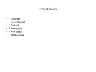 Types of Barriers
• • Linguistic
• • Psychological
• • Cultural
• • Perceptual
• • Non-verbal
• • Stereotyping
 