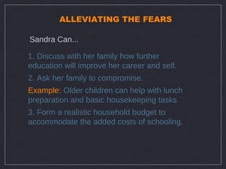 ALLEVIATING THE FEARS

Sandra Can...

1. Discuss with her family how further
education will improve her career and self.
2. Ask her family to compromise.
Example: Older children can help with lunch
preparation and basic housekeeping tasks
3. Form a realistic household budget to
accommodate the added costs of schooling.
 