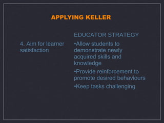 APPLYING KELLER


                     EDUCATOR STRATEGY
4. Aim for learner   •Allow students to
satisfaction         demonstrate newly
                     acquired skills and
                     knowledge
                     •Provide reinforcement to
                     promote desired behaviours
                     •Keep tasks challenging
 