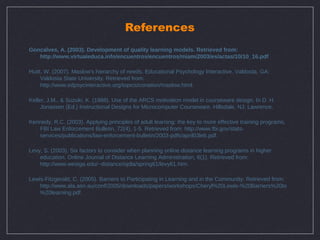 References
Goncalves, A. (2003). Development of quality learning models. Retrieved from:
   http://www.virtualeduca.info/encuentros/encuentros/miami2003/es/actas/10/10_16.pdf

Huitt, W. (2007). Maslow's hierarchy of needs. Educational Psychology Interactive. Valdosta, GA:
     Valdosta State University. Retrieved from:
     http://www.edpsycinteractive.org/topics/conation/maslow.html.

Keller, J.M., & Suzuki, K. (1988). Use of the ARCS motivation model in courseware design. In D. H.
     Jonassen (Ed.) Instructional Designs for Microcomputer Courseware. Hillsdale, NJ: Lawrence.

Kennedy, R.C. (2003). Applying principles of adult learning: the key to more effective training programs,
   FBI Law Enforcement Bulletin, 72(4), 1-5. Retrieved from: http://www.fbi.gov/stats-
   services/publications/law-enforcement-bulletin/2003-pdfs/april03leb.pdf.

Levy, S. (2003). Six factors to consider when planning online distance learning programs in higher
    education. Online Journal of Distance Learning Administration, 6(1). Retrieved from:
    http://www.westga.edu/~distance/ojdla/spring61/levy61.htm.

Lewis-Fitzgerald, C. (2005). Barriers to Participating in Learning and in the Community. Retrieved from:
    http://www.ala.asn.au/conf/2005/downloads/papers/workshops/Cheryl%20Lewis-%20Barriers%20to
    %20learning.pdf.
 