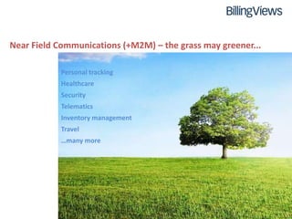 Near Field Communications (+M2M) – the grass may greener...

            Personal tracking
            Healthcare
            Security
            Telematics
            Inventory management
            Travel
            …many more
 
