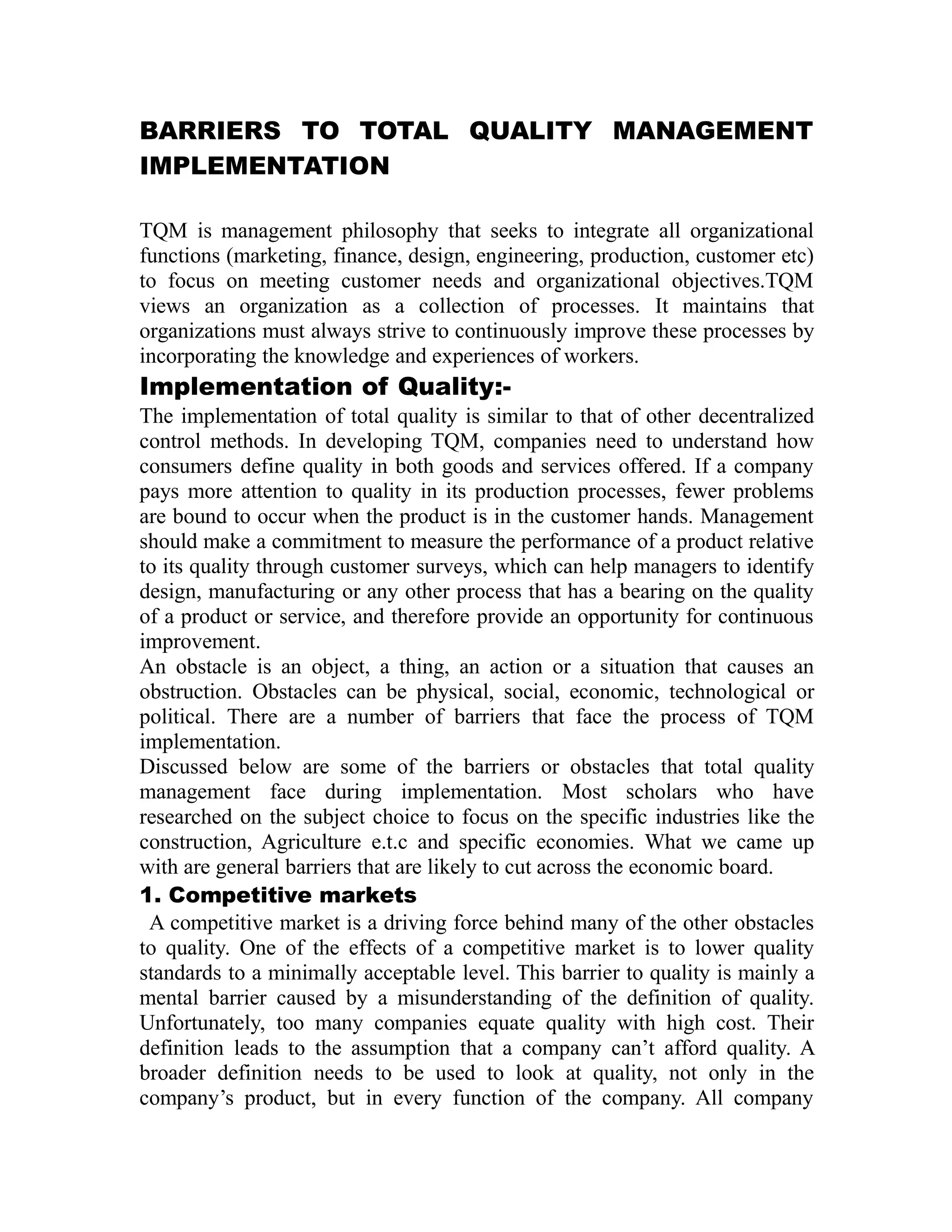 Barriers to total quality management implementation By Mahr M.Haseeb ...