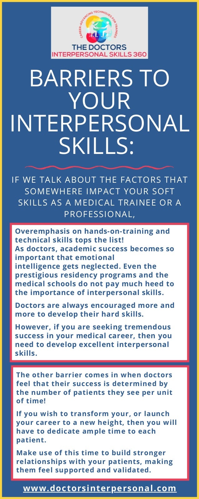 BARRIERS TO
YOUR
INTERPERSONAL
SKILLS:
IF WE TALK ABOUT THE FACTORS THAT
SOMEWHERE IMPACT YOUR SOFT
SKILLS AS A MEDICAL TRAINEE OR A
PROFESSIONAL,
www.doctorsinterpersonal.com
The other barrier comes in when doctors
feel that their success is determined by
the number of patients they see per unit
of time!
If you wish to transform your, or launch
your career to a new height, then you will
have to dedicate ample time to each
patient.
Make use of this time to build stronger
relationships with your patients, making
them feel supported and validated.
Overemphasis on hands-on-training and
technical skills tops the list!
As doctors, academic success becomes so
important that emotional
intelligence gets neglected. Even the
prestigious residency programs and the
medical schools do not pay much heed to
the importance of interpersonal skills.
Doctors are always encouraged more and
more to develop their hard skills.
However, if you are seeking tremendous
success in your medical career, then you
need to develop excellent interpersonal
skills.
 