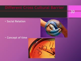 Different Cross Cultural Barrier
• Social Relation
• Concept of time
30
 
