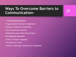 Ways To Overcome Barriers to
Communication-
• For Physical Barriers-
Appropriate Seating Arrangement
Ensure Visibility & Audibility
Environmental Comfort
Minimise Visual/Oral Distractions
For Semantic Barriers-
Use of Simple Language
Symbols & Charts
Active Listening/ Constructive feedback
38
 