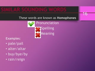 SIMILAR SOUNDING WORDS
These words are known as Homophones
Pronunciation
Spelling
Meaning
Examples:
• pale/pail
• alter/al...