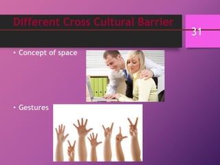 Different Cross Cultural Barrier
• Concept of space
• Gestures
31
 