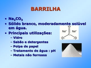BARRILHA
• Na2CO3
• Sólido branco, moderadamente solúvel
em água.
• Principais utilizações:
– Vidro
– Sabão e detergentes
– Polpa de papel
– Tratamento de água : pH
– Metais não ferrosos
 