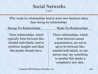 Social Networks
3 of 3
Strong-Tie Relationships Weak-Tie Relationships
These relationships, which
typically form between like-
minded individuals, tend to
reinforce insights and ideas
that people already have.
These relationships, which
form between casual
acquaintances, are not as
apt to be between like-
minded individuals, so one
person may say something
to another that sparks a
completely new idea.
Why weak-tie relationships lead to more new business ideas
than strong-tie relationships
Copyright ©2016 Pearson Education, Inc. 2-24
 