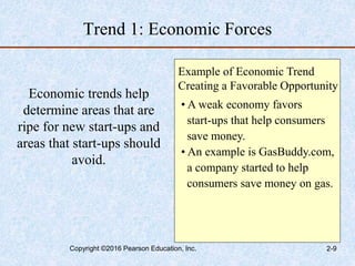 Trend 1: Economic Forces
Economic trends help
determine areas that are
ripe for new start-ups and
areas that start-ups should
avoid.
Example of Economic Trend
Creating a Favorable Opportunity
• A weak economy favors
start-ups that help consumers
save money.
• An example is GasBuddy.com,
a company started to help
consumers save money on gas.
Copyright ©2016 Pearson Education, Inc. 2-9
 