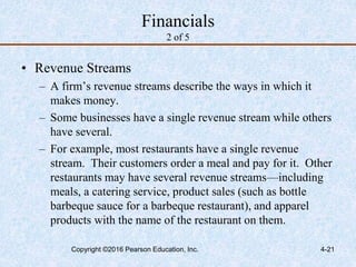 4-21
Financials
2 of 5
• Revenue Streams
– A firm’s revenue streams describe the ways in which it
makes money.
– Some businesses have a single revenue stream while others
have several.
– For example, most restaurants have a single revenue
stream. Their customers order a meal and pay for it. Other
restaurants may have several revenue streams—including
meals, a catering service, product sales (such as bottle
barbeque sauce for a barbeque restaurant), and apparel
products with the name of the restaurant on them.
Copyright ©2016 Pearson Education, Inc.
 
