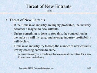 Threat of New Entrants
1 of 6
• Threat of New Entrants
– If the firms in an industry are highly profitable, the industry
becomes a magnet to new entrants.
– Unless something is done to stop this, the competition in
the industry will increase, and average industry profitability
will decline.
– Firms in an industry try to keep the number of new entrants
low by erecting barriers to entry.
• A barrier to entry is a condition that creates a disincentive for a new
firm to enter an industry.
Copyright ©2016 Pearson Education, Inc. 5-15
 