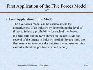 First Application of the Five Forces Model
1 of 2
• First Application of the Model
– The five forces model can be used to assess the
attractiveness of an industry by determining the level of
threat to industry profitability for each of the forces.
– If a firm fills out the form shown on the next slide and
several of the threats to industry profitability are high, the
firm may want to reconsider entering the industry or think
carefully about the position it would occupy.
Copyright ©2016 Pearson Education, Inc. 5-30
 