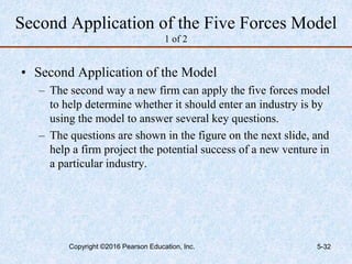 Second Application of the Five Forces Model
1 of 2
• Second Application of the Model
– The second way a new firm can apply the five forces model
to help determine whether it should enter an industry is by
using the model to answer several key questions.
– The questions are shown in the figure on the next slide, and
help a firm project the potential success of a new venture in
a particular industry.
Copyright ©2016 Pearson Education, Inc. 5-32
 