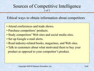 Sources of Competitive Intelligence
2 of 2
Ethical ways to obtain information about competitors
• Attend conferences and trade shows.
• Purchase competitors’ products.
• Study competitors’Web sites and social media sites.
• Set up Google e-mail alerts.
• Read industry-related books, magazines, and Web sites.
• Talk to customers about what motivated them to buy your
product as opposed to your competitor’s product.
Copyright ©2016 Pearson Education, Inc. 5-40
 