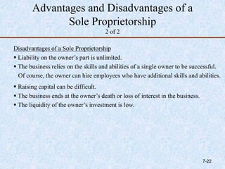 Advantages and Disadvantages of a
Sole Proprietorship
2 of 2
Disadvantages of a Sole Proprietorship
 Liability on the owner’s part is unlimited.
 The business relies on the skills and abilities of a single owner to be successful.
Of course, the owner can hire employees who have additional skills and abilities.
 Raising capital can be difficult.
 The business ends at the owner’s death or loss of interest in the business.
 The liquidity of the owner’s investment is low.
7-22
 
