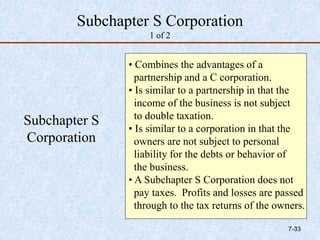 Subchapter S Corporation
1 of 2
Subchapter S
Corporation
• Combines the advantages of a
partnership and a C corporation.
• Is similar to a partnership in that the
income of the business is not subject
to double taxation.
• Is similar to a corporation in that the
owners are not subject to personal
liability for the debts or behavior of
the business.
• A Subchapter S Corporation does not
pay taxes. Profits and losses are passed
through to the tax returns of the owners.
7-33
 