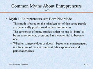 ©2010 Pearson Education 1-13
Common Myths About Entrepreneurs
1 of 5
• Myth 1: Entrepreneurs Are Born Not Made
– This myth is based on the mistaken belief that some people
are genetically predisposed to be entrepreneurs.
– The consensus of many studies is that no one is “born” to
be an entrepreneur; everyone has the potential to become
one.
– Whether someone does or doesn’t become an entrepreneur,
is a function of the environment, life experiences, and
personal choices.
 