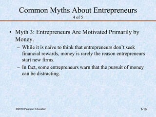 ©2010 Pearson Education 1-16
Common Myths About Entrepreneurs
4 of 5
• Myth 3: Entrepreneurs Are Motivated Primarily by
Money.
– While it is naïve to think that entrepreneurs don’t seek
financial rewards, money is rarely the reason entrepreneurs
start new firms.
– In fact, some entrepreneurs warn that the pursuit of money
can be distracting.
 