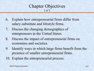 ©2010 Pearson Education 2-3
Chapter Objectives
2 of 2
6. Explain how entrepreneurial firms differ from
salary-substitute and lifestyle firms.
7. Discuss the changing demographics of
entrepreneurs in the United States.
8. Discuss the impact of entrepreneurial firms on
economies and societies.
9. Identify ways in which large firms benefit from the
presence of smaller entrepreneurial firms.
10. Explain the entrepreneurial process.
 