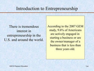 ©2010 Pearson Education 1-4
Introduction to Entrepreneurship
There is tremendous
interest in
entrepreneurship in the
U.S. and around the world.
According to the 2007 GEM
study, 9.6% of Americans
are actively engaged in
starting a business or are
the owner/manager of a
business that is less than
three years old.
 