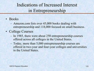 ©2010 Pearson Education 1-5
Indications of Increased Interest
in Entrepreneurship
• Books
– Amazon.com lists over 45,000 books dealing with
entrepreneurship and 118,000 focused on small business.
• College Courses
– In 1985, there were about 250 entrepreneurship courses
offered across all colleges in the United States.
– Today, more than 5,000 entrepreneurship courses are
offered in two-year and four-year colleges and universities
in the United States.
 