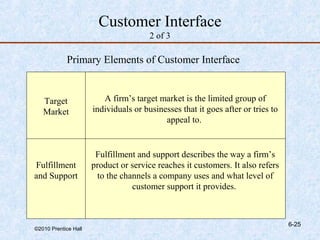 Customer Interface
                                       2 of 3

            Primary Elements of Customer Interface


   Target                A firm’s target market is the limited group of
   Market             individuals or businesses that it goes after or tries to
                                           appeal to.


                       Fulfillment and support describes the way a firm’s
Fulfillment           product or service reaches it customers. It also refers
and Support            to the channels a company uses and what level of
                                 customer support it provides.



                                                                                 6-25
©2010 Prentice Hall
 