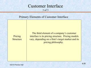 Customer Interface
                                   3 of 3

            Primary Elements of Customer Interface




                        The third element of a company’s customer
    Pricing           interface is its pricing structure. Pricing models
   Structure          vary, depending on a firm’s target market and its
                                      pricing philosophy.




                                                                           6-26
©2010 Prentice Hall
 