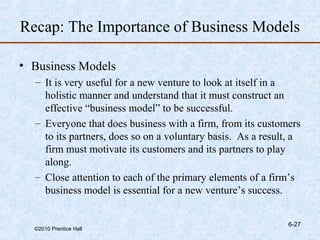 Recap: The Importance of Business Models

• Business Models
  – It is very useful for a new venture to look at itself in a
    holistic manner and understand that it must construct an
    effective “business model” to be successful.
  – Everyone that does business with a firm, from its customers
    to its partners, does so on a voluntary basis. As a result, a
    firm must motivate its customers and its partners to play
    along.
  – Close attention to each of the primary elements of a firm’s
    business model is essential for a new venture’s success.


                                                              6-27
  ©2010 Prentice Hall
 
