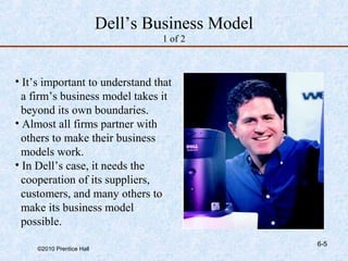 Dell’s Business Model
                                    1 of 2



• It’s important to understand that
  a firm’s business model takes it
  beyond its own boundaries.
• Almost all firms partner with
  others to make their business
  models work.
• In Dell’s case, it needs the
  cooperation of its suppliers,
  customers, and many others to
  make its business model
  possible.
                                                   6-5
     ©2010 Prentice Hall
 